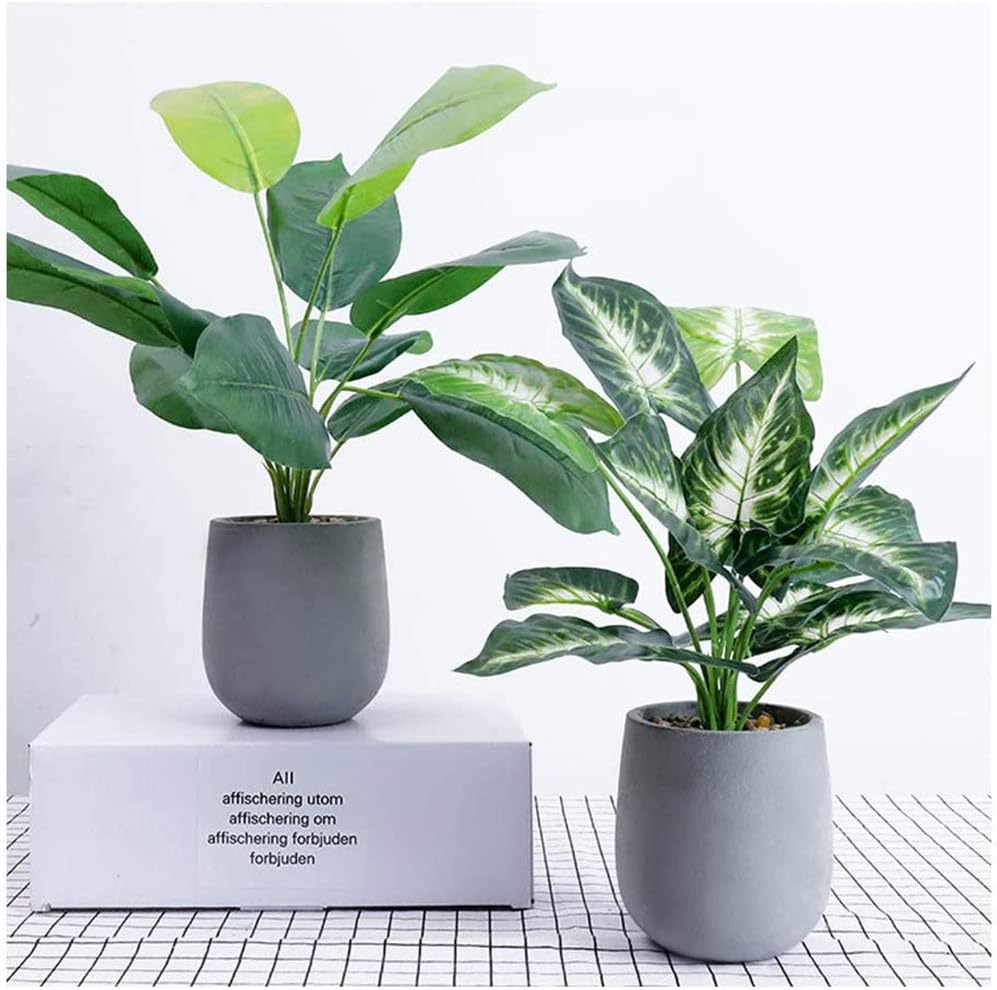 U'Artlines 2Pcs Artificial Topiary Greenery Plants with Paper Pulp Pot for Home Office Tabletop Decoration (Set of 2, Oak Leaf/Taro Leaf) -