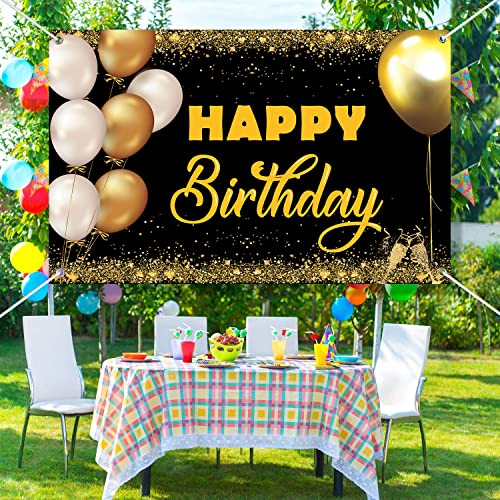 Happy Birthday Backdrop Banner 5.9x3.9 FT Extra Large Black and Gold Sign Poster for Birthday Anniversary Party Decoration Supplies, Style B