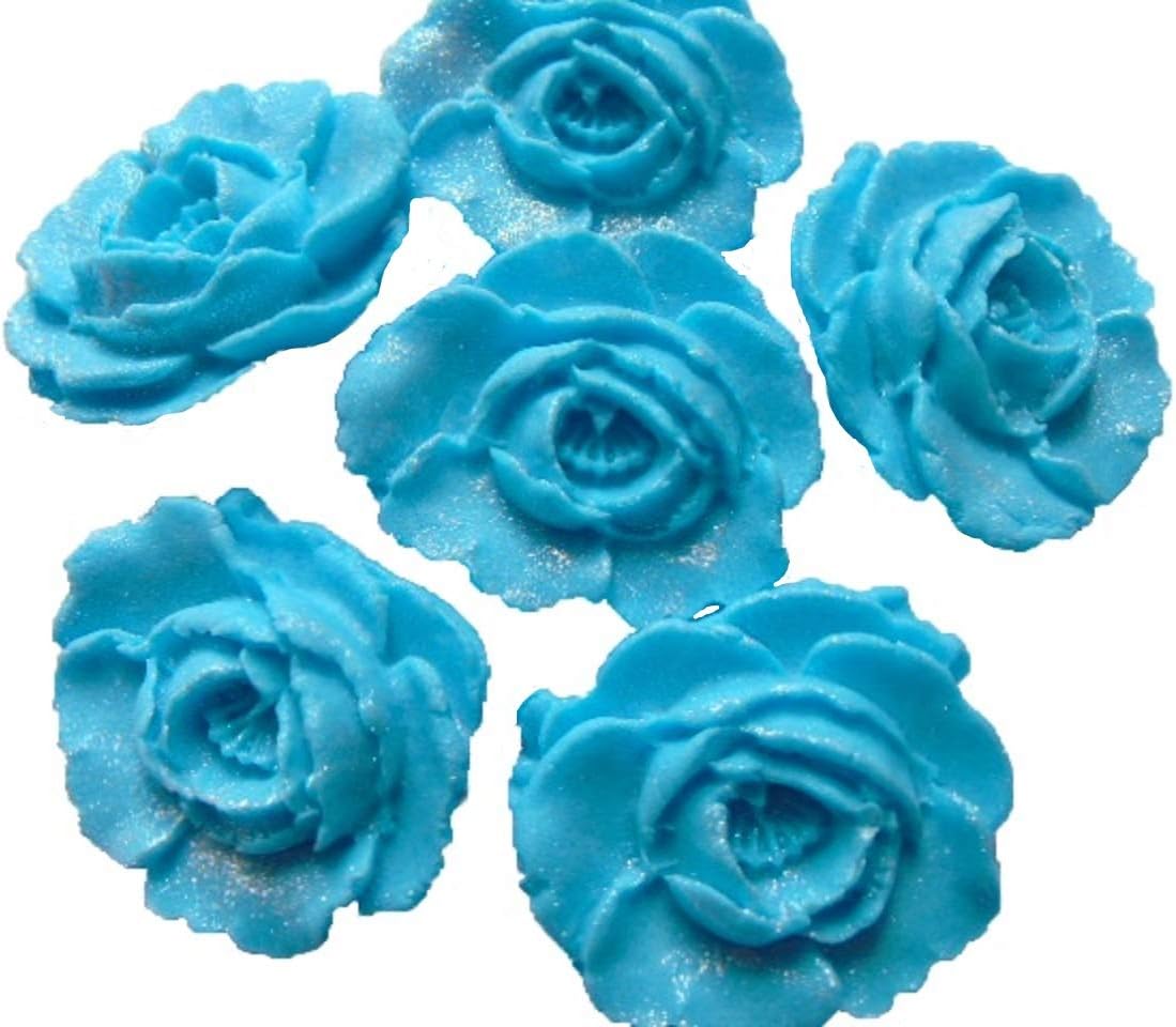 6 Large Edible Flower Roses Cake Cupcake Topper Decorations (Blue)