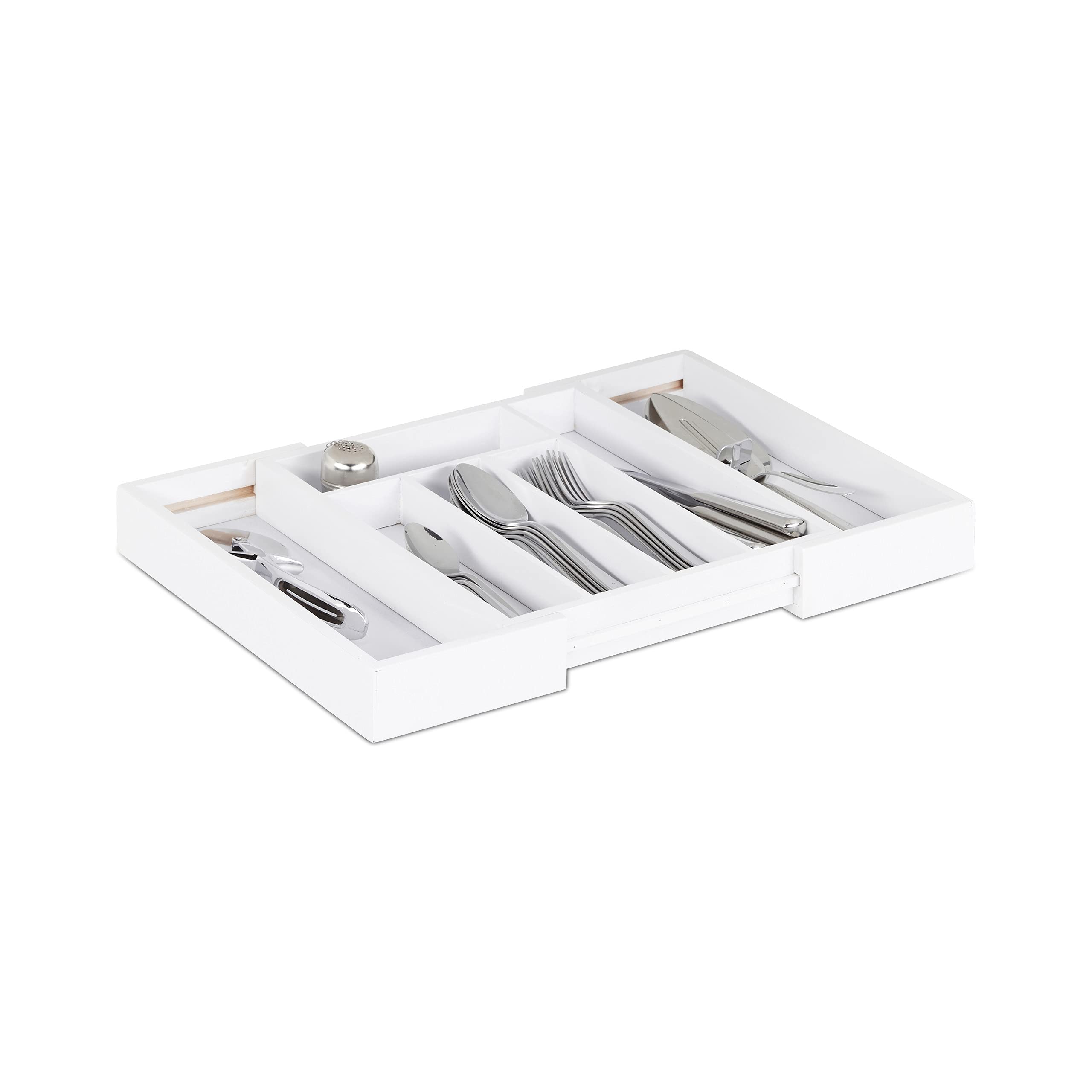 Relaxdays Cutlery Drawer Tray, Extendable, Variable Width, 5 - 7 Compartments, Bamboo Organiser, HWD: 5x48x33.5cm, White