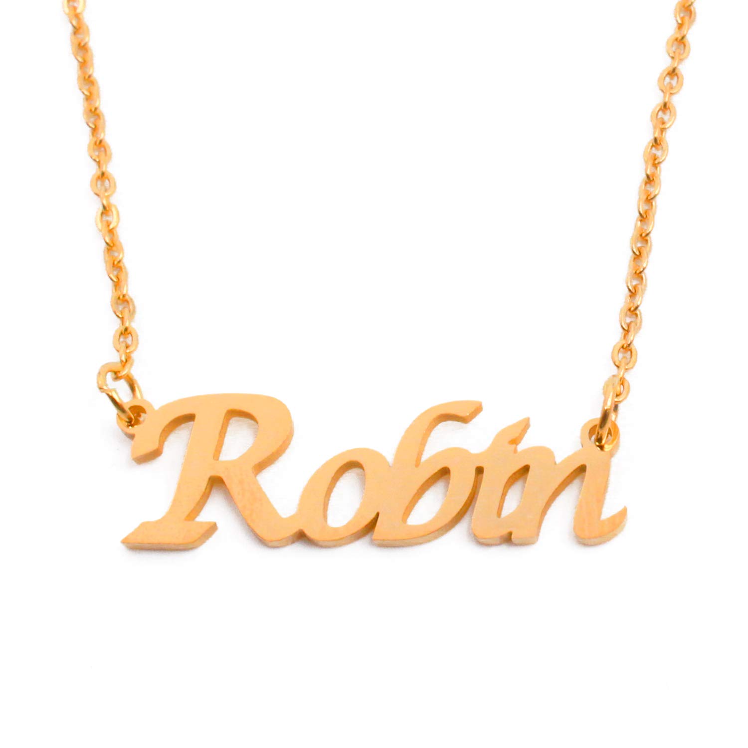 Kigu Robin Name Necklace Personalised 18ct Gold Plated, Custom Dainty Name Pendants, Jewellery for Ladies, Girlfriend, Mother, Sister, Friends Inc Bag & Box
