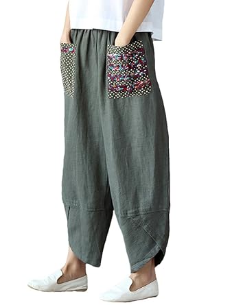 Mallimoda Damen Leinen Weite Hose Casual Patchwark Elastischer Bund Haremshosen