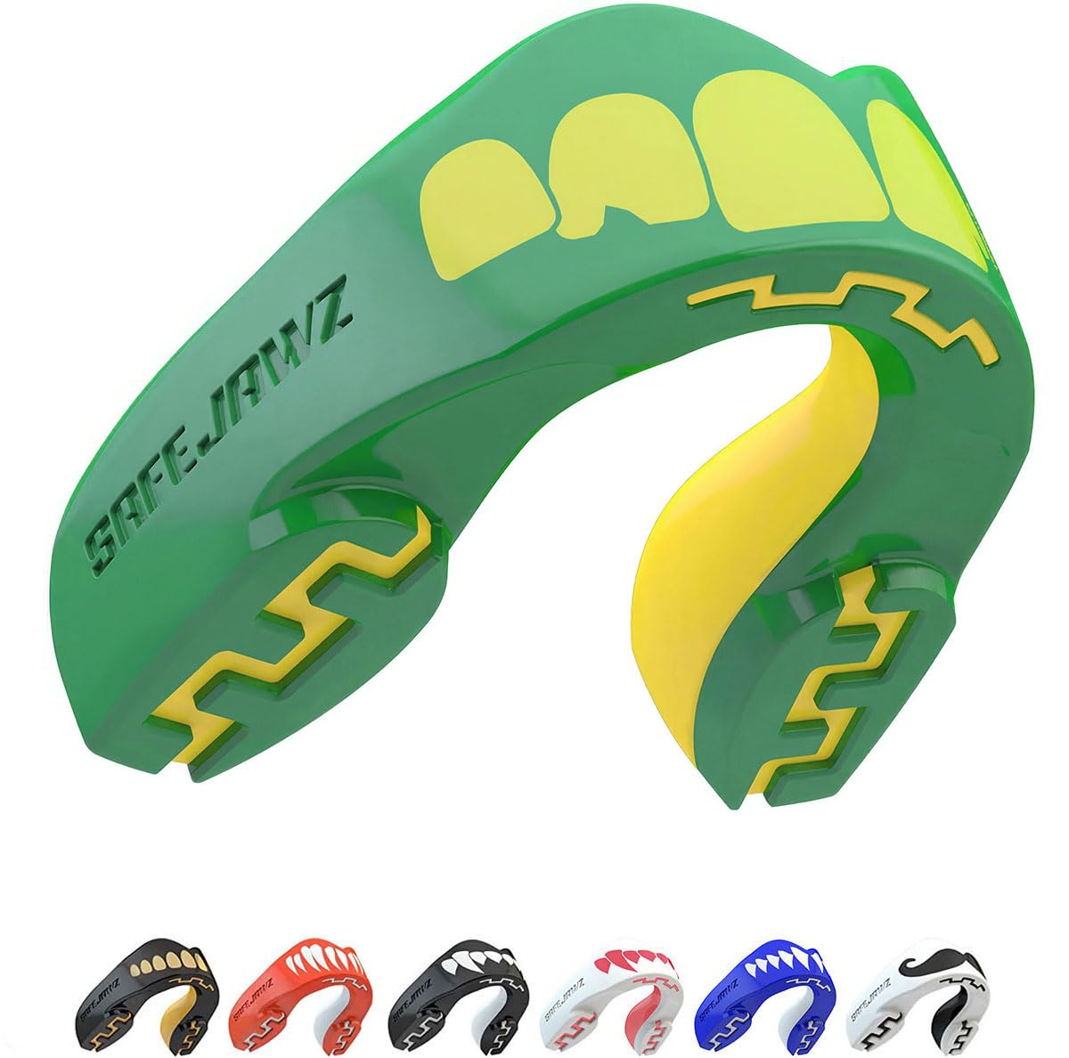 SAFEJAWZ Mouth Guard, Dual Layer Gum Shield for Juniors with Case, Easy Fit Remouldable Kids Gumshield for Rugby, Boxing, MMA, Hockey & All Contact Sports (Child <11 Years, Green Ogre)