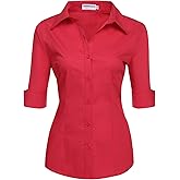 HOTOUCH Womens 3/4 Sleeve Button Down Shirt Slim Fit Work Blouses Cotton Dress Shirts Office Tops