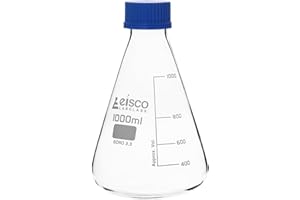 EISCO Erlenmeyer Flask, 1000ml - Borosilicate Glass - with PTFE Screw Cap - Conical Shape - White Graduations