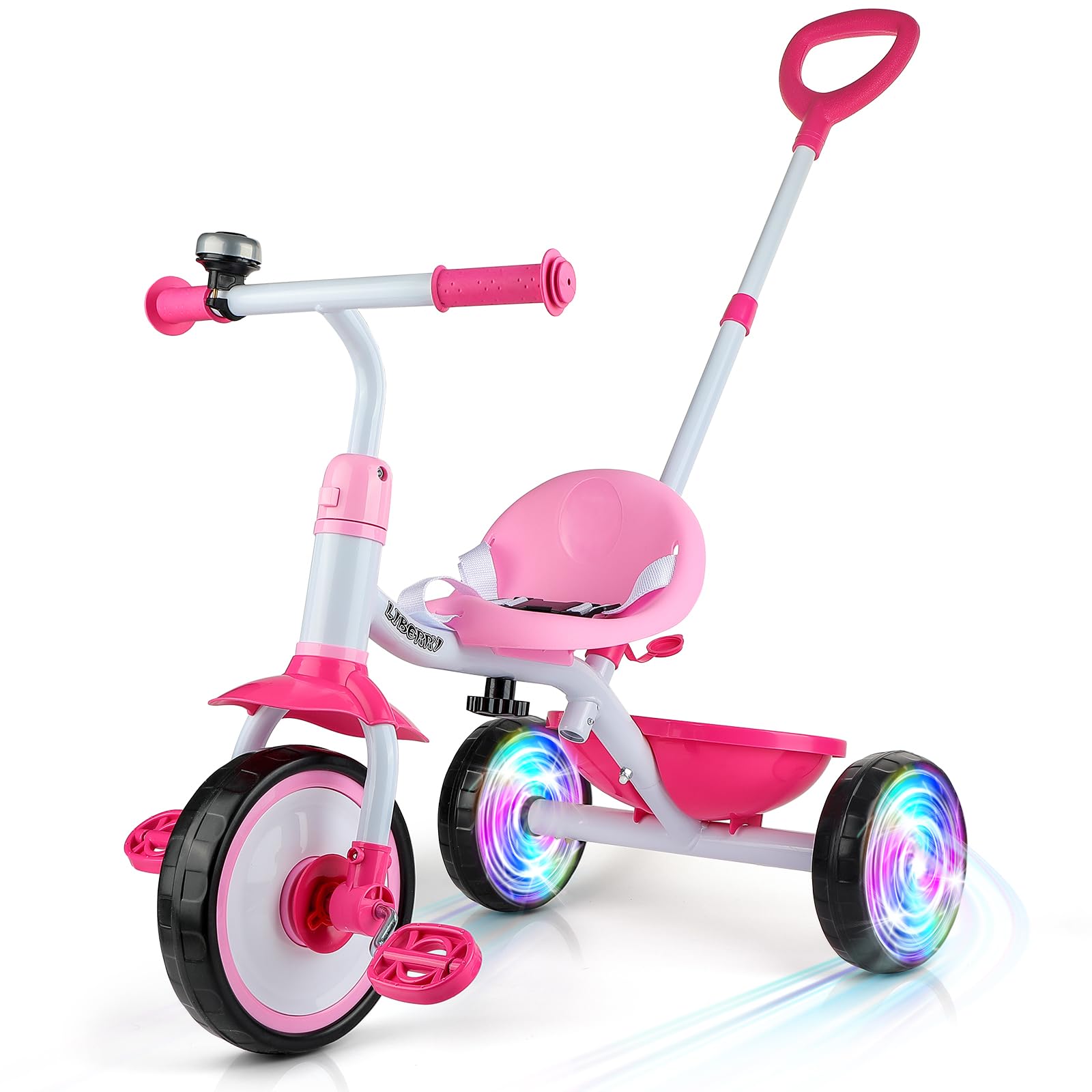 Photo 1 of Liberry 2 in 1 Toddler Tricycle Age 2 3 4 Years Old, Kids Trike with Light Up Wheels, Adjustable Push Handle, 3 Wheel Bike Outdoor Indoor Riding Toy Gift for Girls Boys, Pink
