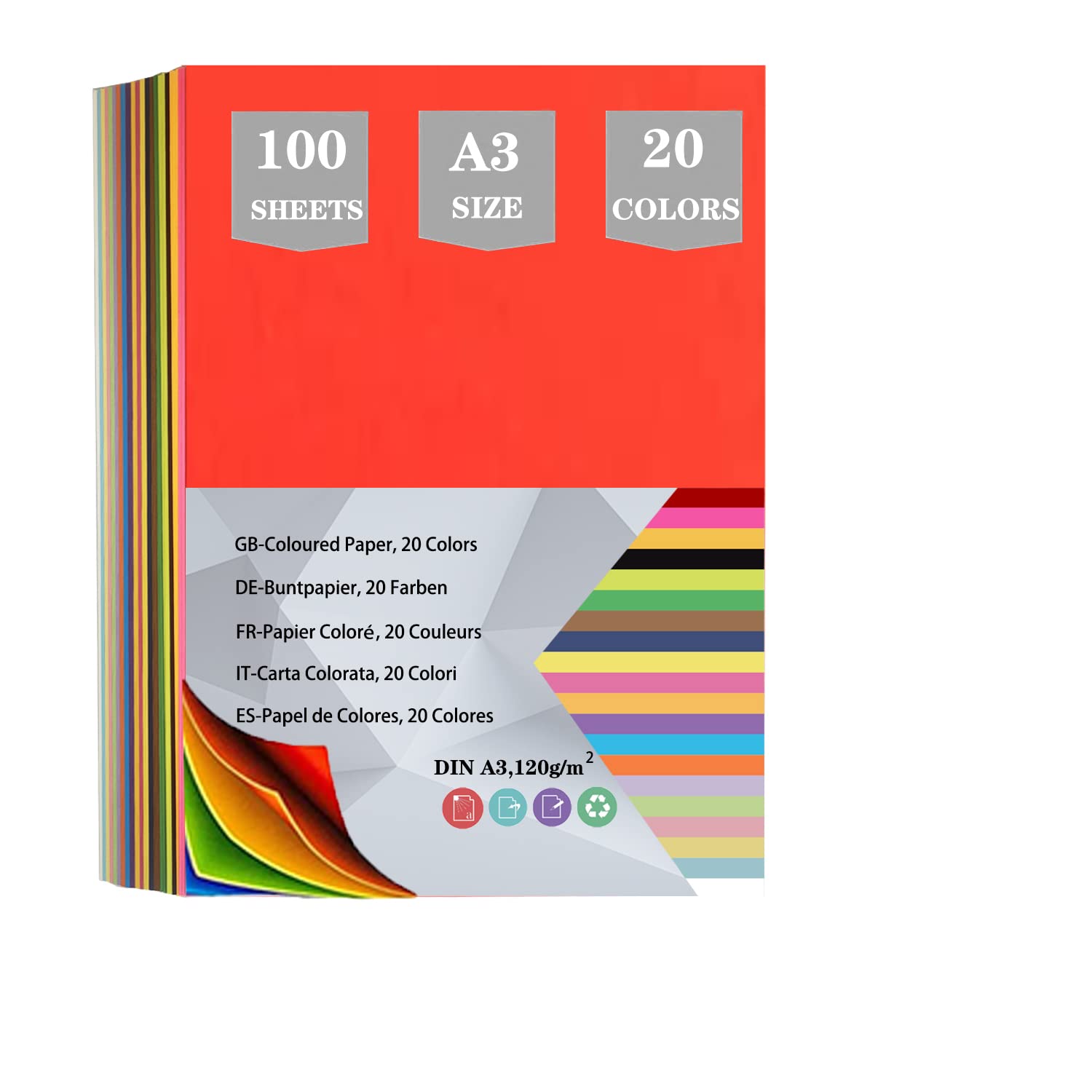 100 Sheets A3 Origami Paper, Double Sided Coloured Cardboard for Art & Craft Activities - 20 Colors, 420mm X 297mm
