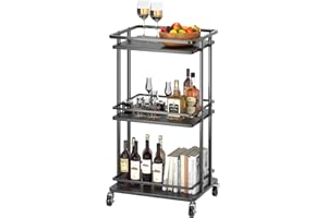 XYZLVSI 3-Tier Rolling Serving Bar Cart, Wood and Metal Kitchen Island Storage Cart with Wheels, Multifunction Utility Cart Storage Rack for Home, Kitchen, Bar, Dinning Room, Living Room (Black)