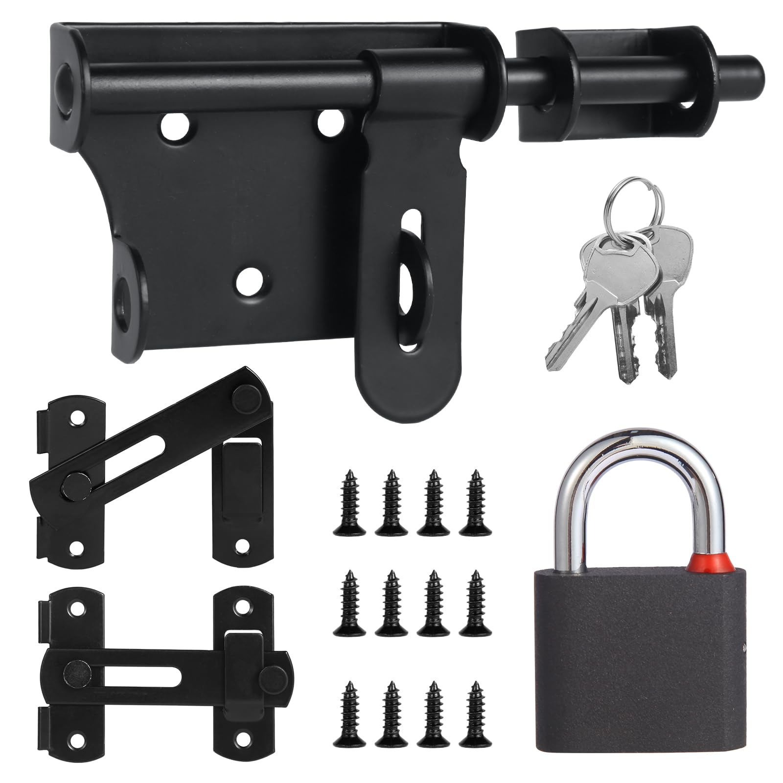Tahbarshi Gate Latch Bolt Lock with Padlock & 3 Keys + 2 Pcs 180 Degree Barn Door Lock Flip Sliding Door, Thicker Small Gate Lock Black Door Latch for Wooden Gates Garden Shed