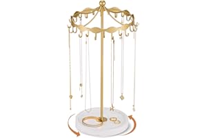 Lolalet Rotating Necklace Holder Stand with Metal Hooks, Spinning Display Carousels, Freestanding Organizer Hanger, for Long Necklaces Chains -Gold