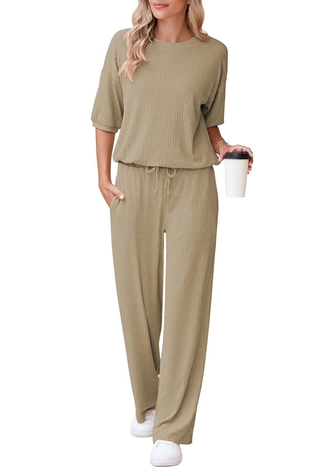 AOHITE 2-teiliges Damen Lounge-Set - Kurzarm Pullover & Weite Hose