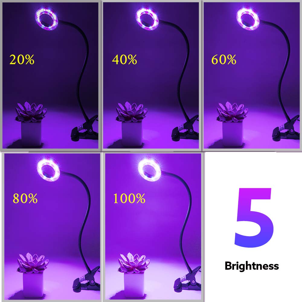 LED Plant Grow Light, Upgraded Timing Function (3H/6H/12H) 12W Clip On Plant Lamp with 360°Flexible Gooseneck, 24 LED 3 Lighting Modes 5 Level Dimmable Desk Table Growing Lamps for Indoor Plants Greenhouse Gardening