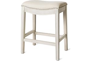 Maven Lane Adrien Backless Counter Stool – 26 Inches – Saddle Stool with Footrest – Cream Solid Wood Frame & Natural Fabric Upholstery – Perfect for Kitchen Islands & Counters
