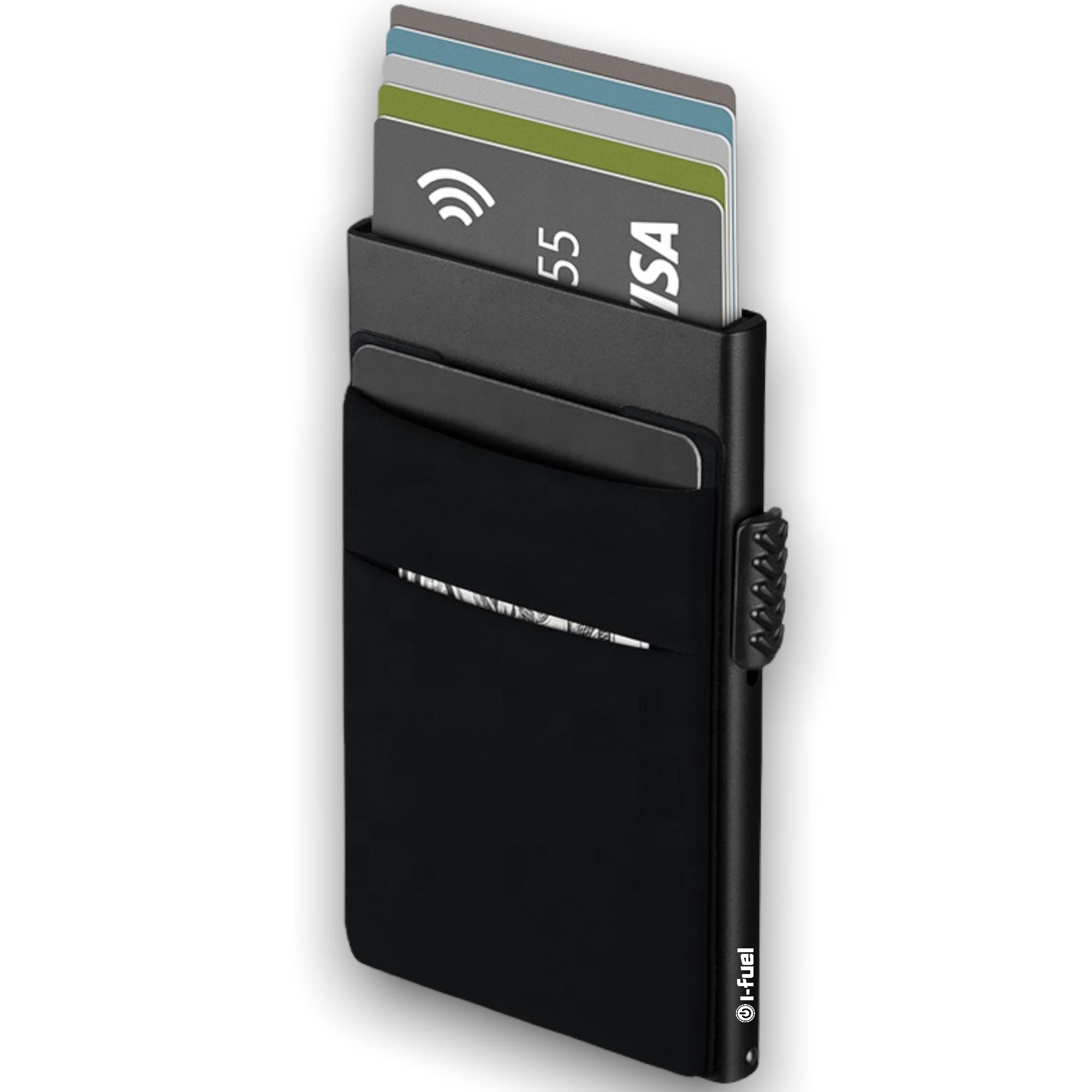 i-Fuel Card Holder with Money Pocket Pop Up Wallet RFID Blocking Slim Metal Bank Card Case Holds up to 5 Cards and Cash Notes - Black