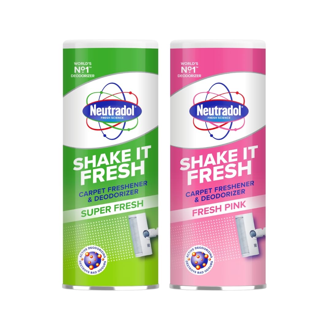 Neutradol Shake It Fresh Carpet Deodoriser, Odour Neutraliser for Carpets & Rugs, Pink & Super Scent, Multipack of 2 x 350g