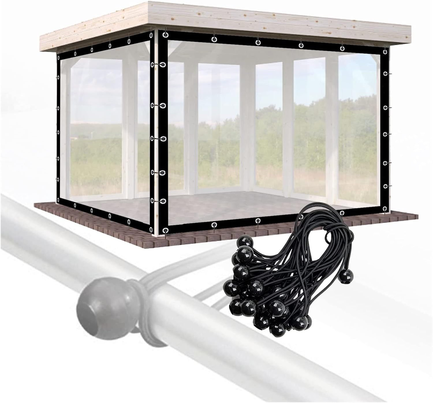 Outdoor Curtains - Pitsorozy Outdoor Pergola Curtains, 0.12 Mm Thick Waterproof Weather Resistant Clear Tarps for Pergola, Porch, Gazebo, with Ball Bungee Cords, Customizable