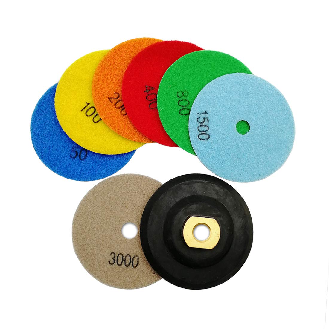 SHDIATOOL Dry Diamond Polishing Pads 7PCS Set Mixed Grits and a M14 Rubber Pad Attachment for Granite Marble Stone Ceramic Dia 4 Inch 100mm