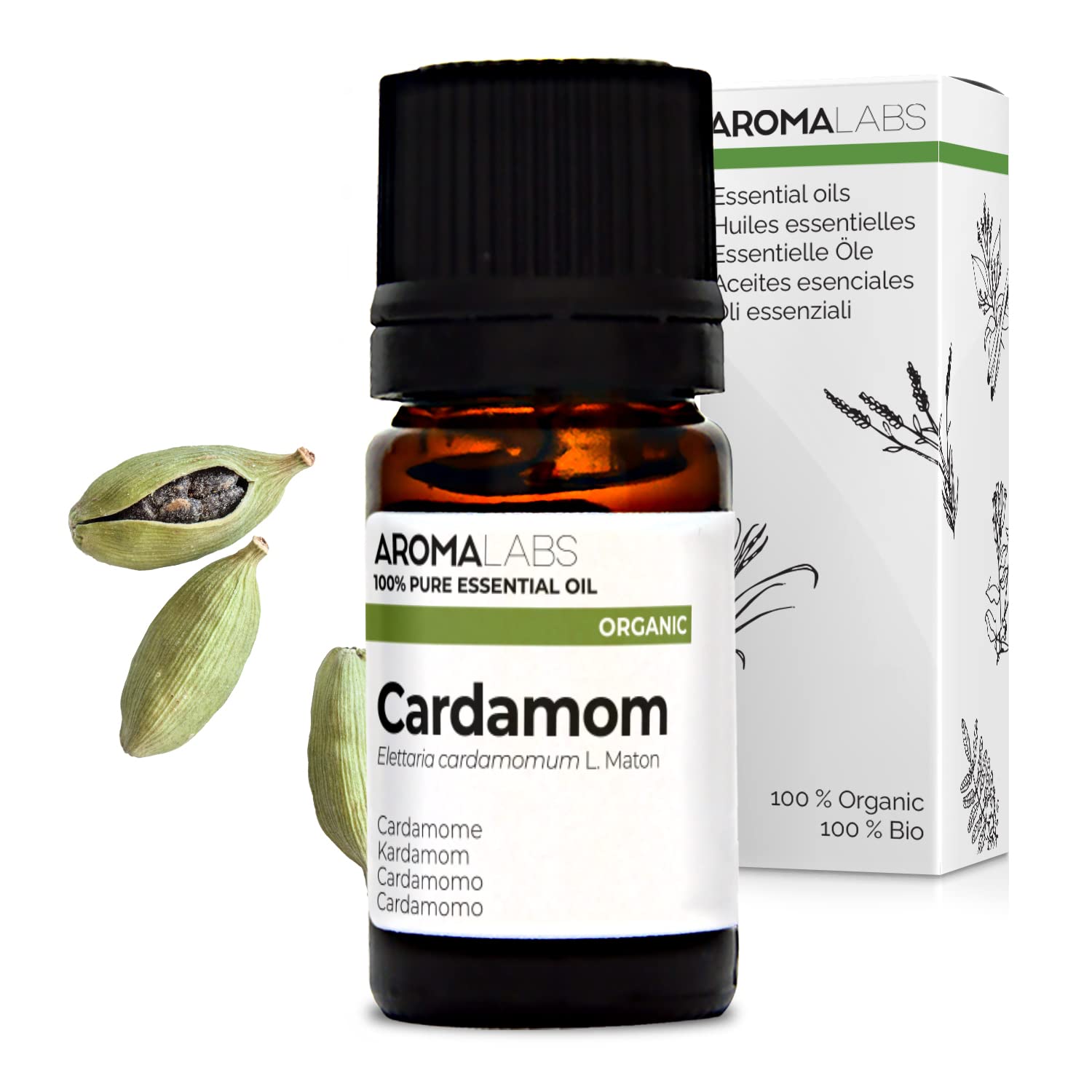 BIO - Cardamom Essential Oil - 5mL - 100% Pure, Natural, Chemotyped and AB Certified - AROMA LABS (French Brand)