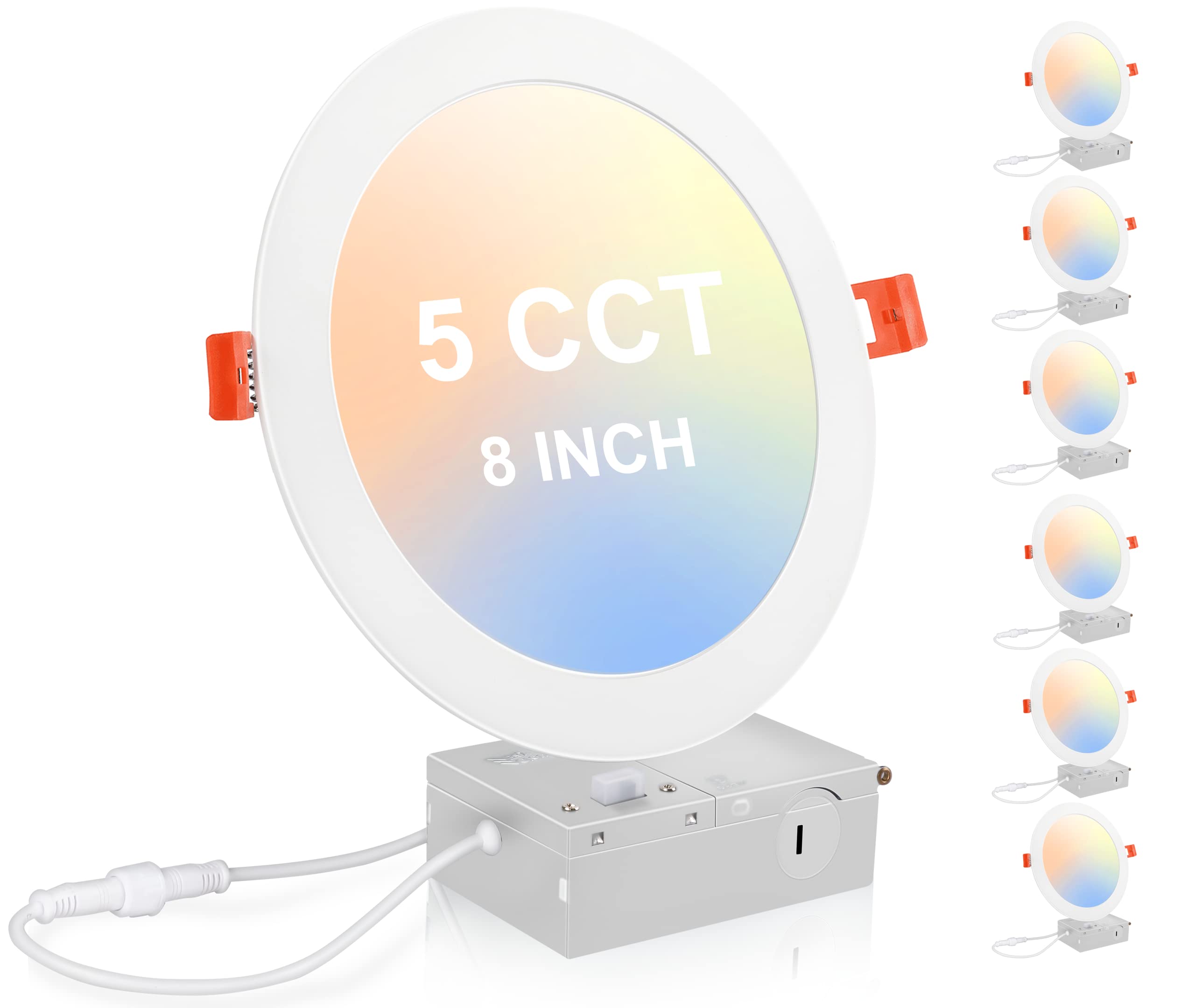 Cloudy Bay 20W 8 inch LED Recessed Lights,5Color 2700K/3000K/3500K/4000K/5000K Selectable,Dimmable CRI 90+,IC Rated,ETL Listed,Ultra Thin Recessed Downlight with Junction Box,White,6 Pack