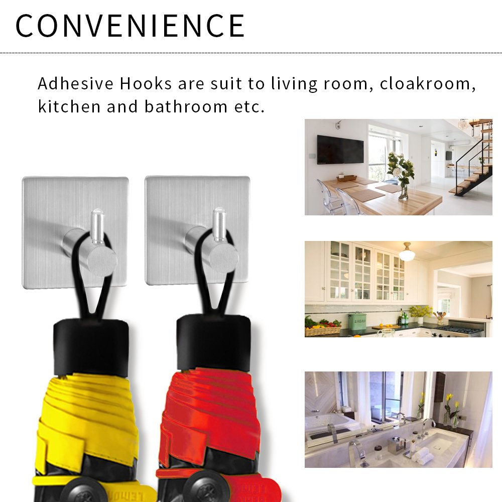 4 Pack Self Adhesive Hooks, HYCKee 18/8 Stainless Steel Towel Hook Wall Mount for Kitchen Bathrooms Lavatory Closets, No Drill Glue Needed, Water and Rust Proof (Pack of 4)