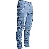 ABSECAI Mens Fashion Slim Fit Skinny Hip Hop Cargo Straps Jeans