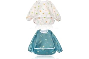 Little Dimsum Mess-Proof Baby Bibs|Infant Toddler Long Sleeve Waterproof Feeding Art Smock|Catching Food & Wipe Clean| Pack of 2 Colors(ants&dragonflies)
