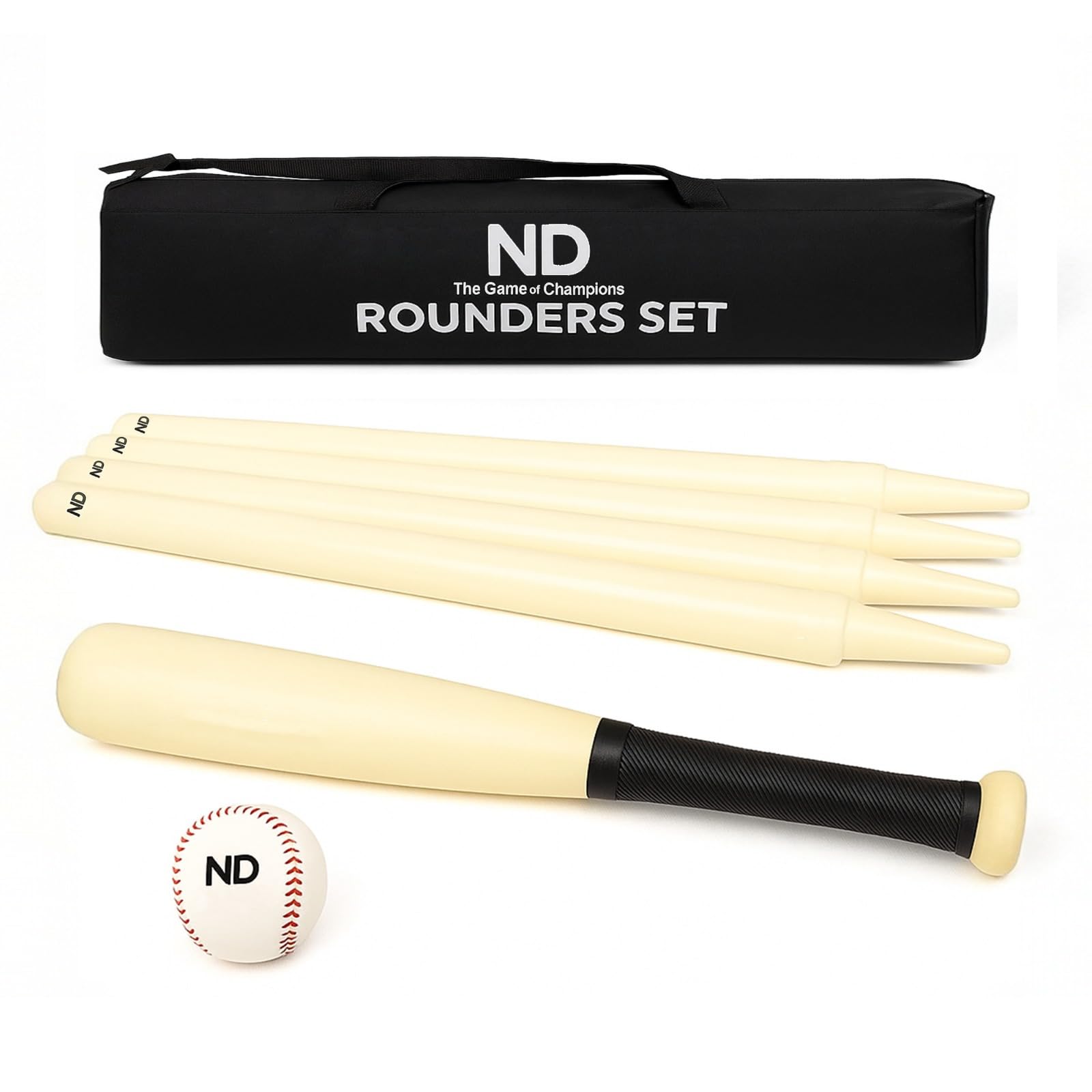 ND Sports Deluxe 16" Wooden Rounders Set with Bat, Ball, 4 Posts & Carry Bag | Complete Garden & Field Game Equipment for Outdoor Team Sports, Training, Schools, Clubs & Recreation