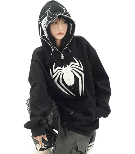 OATSBAS Y2K Hip Hop Spider Hoodie for Women Men Graphic Full Zip