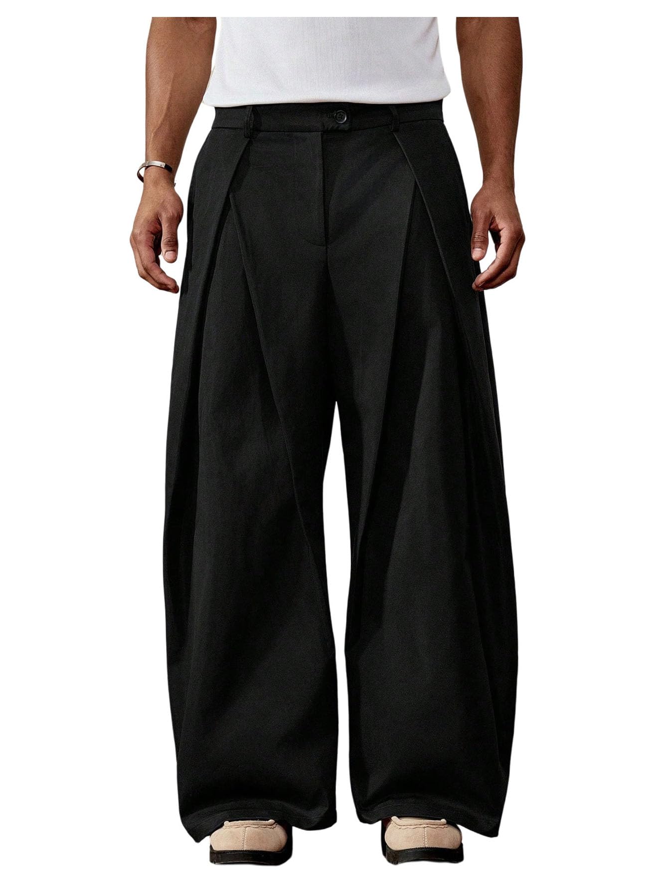 Photo 1 of BEAUDRM Men's Wide Leg Dress Pants Zipper Fly Pleated Baggy Suit Pants Casual Business Trousers with Pockets Slacks for Men Black X-Large