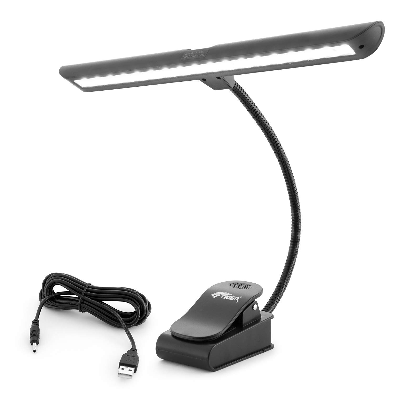 TIGER MSL56-18BT Clip-on Music Stand Light with 18 LEDs with Warm/White Colour Modes and Variable Brightness - Portable Gooseneck Lamp - Battery or USB/Mains Powered - Black