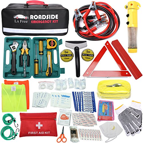 Lx Free 142-Piece Roadside Assistance Auto Emergency Kit with Jumper Cables,Tow Rope, Bandage, Safety Vest,Multi-function flashlight etc, All Ultimate Supplies in One Pack For Your Car Truck Or SUV