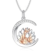 LWXIE Diamond Fox Necklace 925 Sterling Silver Nine-Tailed Fox Moon Pendant Necklace with Lab Grown Diamond Dainty Jewelry Gifts for Women