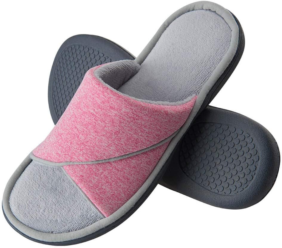 KAMOTAL Women's Open Toe House Slippers with Comfy Velvet Lining, Memory Foam Breathable Cotton Spa Slippers, Indoor Outdoor Cozy Slip-on House Slippers