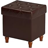 CAROLMADE Folding Storage Ottoman Cube PU Leather Footstool with Wood Legs Ottoman Footrest for Living Room and Bedroom Brown, 15x12.6 x 15.4”
