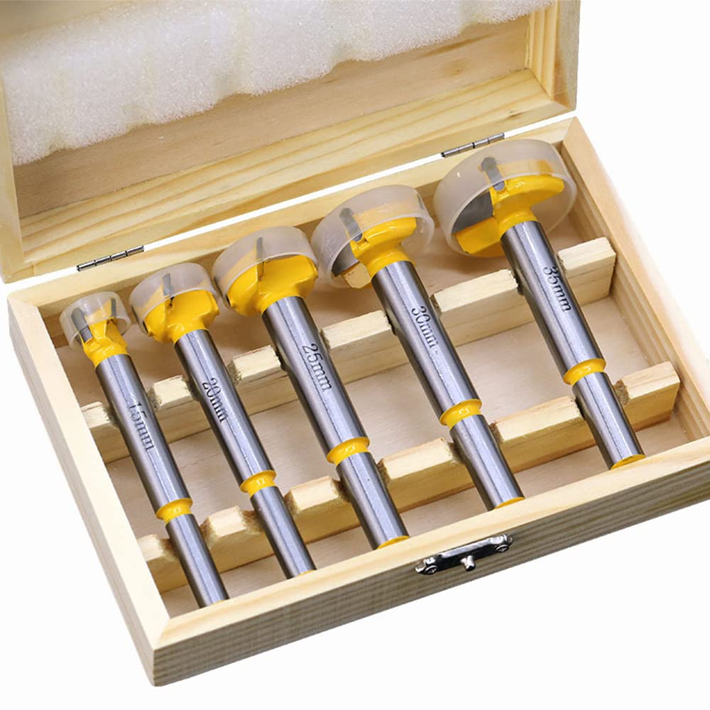 CENPEK 5 Pieces Carbide Drill Bit Set, Hinge Hole Saw Drill Wood Slabs Flat Wing Boring Drill Bits Auger Holes Opener Woodworking Tool, 15mm 20mm 25mm 30mm 35mm