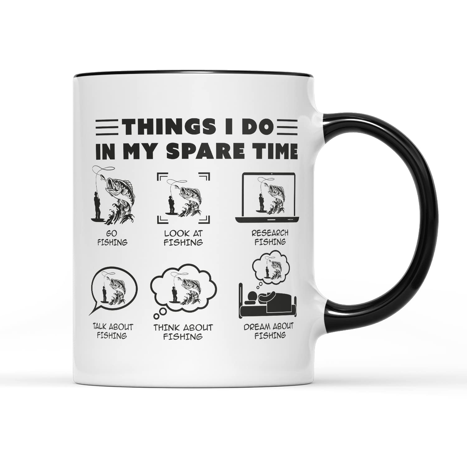 in My Spare Time Fishing Mug - Funny Fun Novlety Gifts Present Ideas Men Dad Grandad Fish Carp Trout Angling Net Sport Camping Accessories Ceramic Coffee Tea Cup (Black Handle Prime)