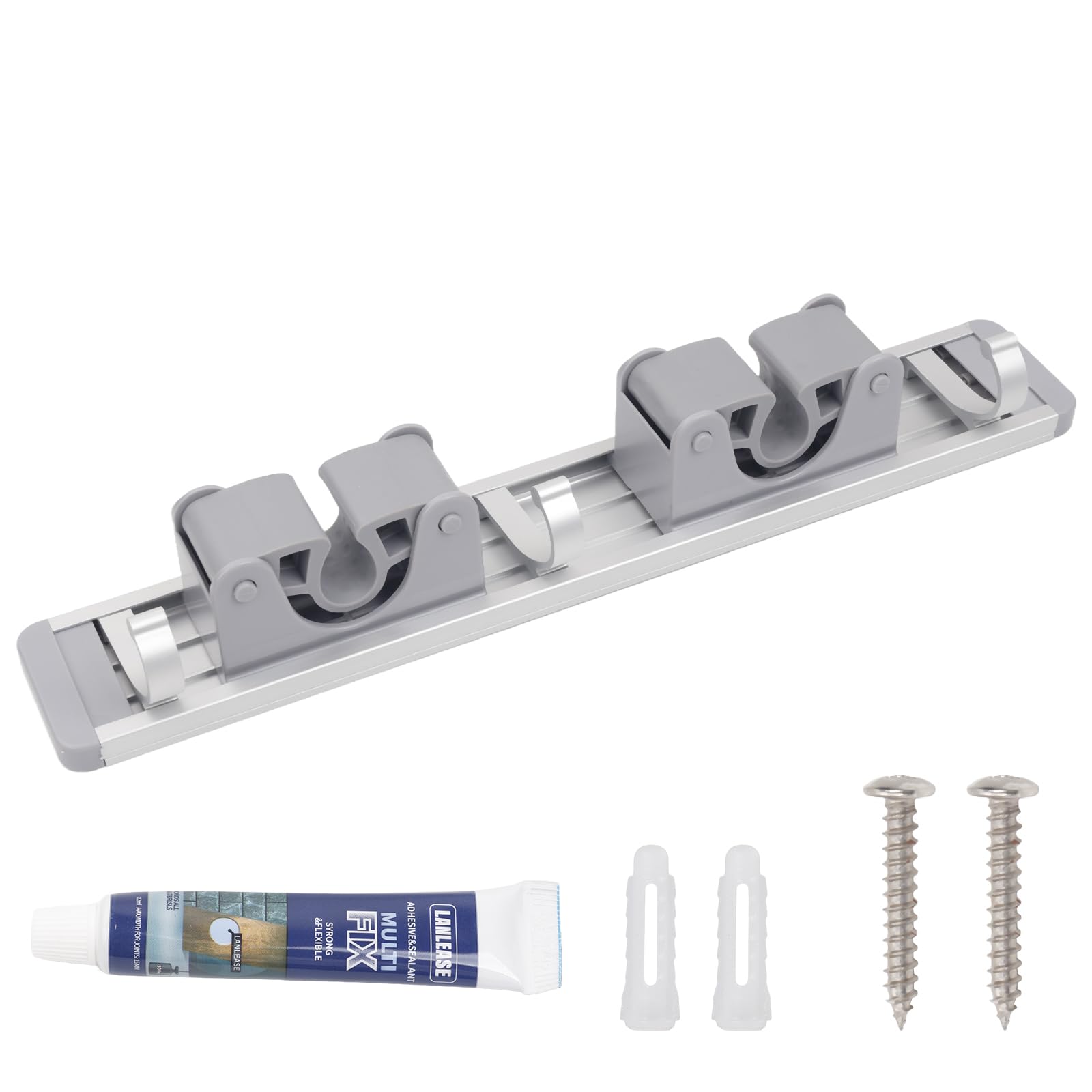 Andux Broom Mop Holder Broom Storage Wall Mounted Wall Mount Tool Organiser for Kitchen, Bathroom Garage Garden Broom Storage Wall Tool Rack TBJ-01 (Grey,2 slots 3 hooks)