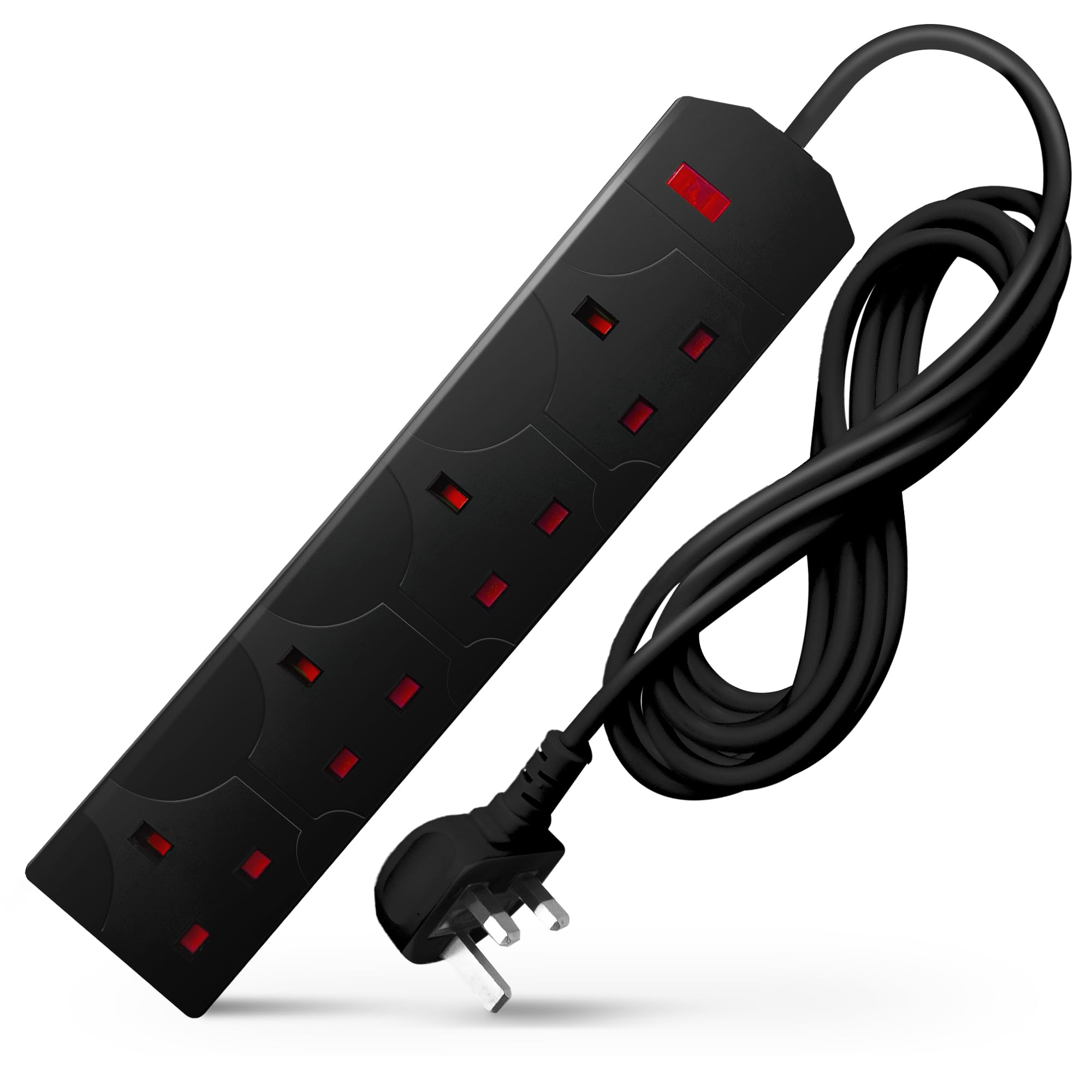 DESIRETECH Black Electric Extension Lead - 4 Gang, 5 Metre Cable with UK Plug & 3 Pin Socket - Wall Mountable & Multi Socket Mains Strip for Home, Bedroom, Kitchen, & Office (1 Pack)