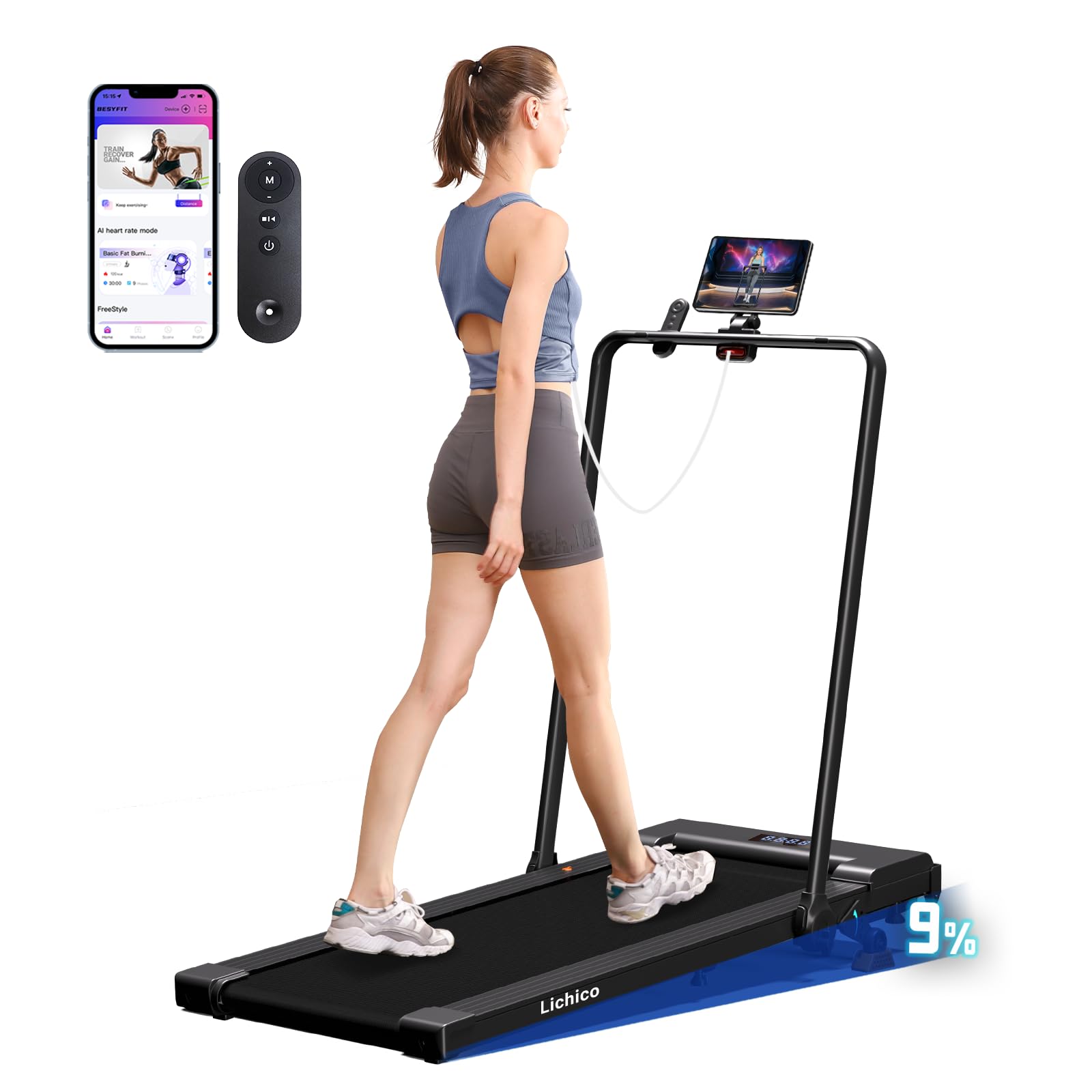 Photo 1 of ***PARTS ONLY***Lichico Treadmill with Incline Walking Pad Under Desk for Home and Office, 8.7MPH Compact Portable Folding Treadmill with Handle Bar, 3.0HP Quiet Brushless Motored, Remote and Smart App Control