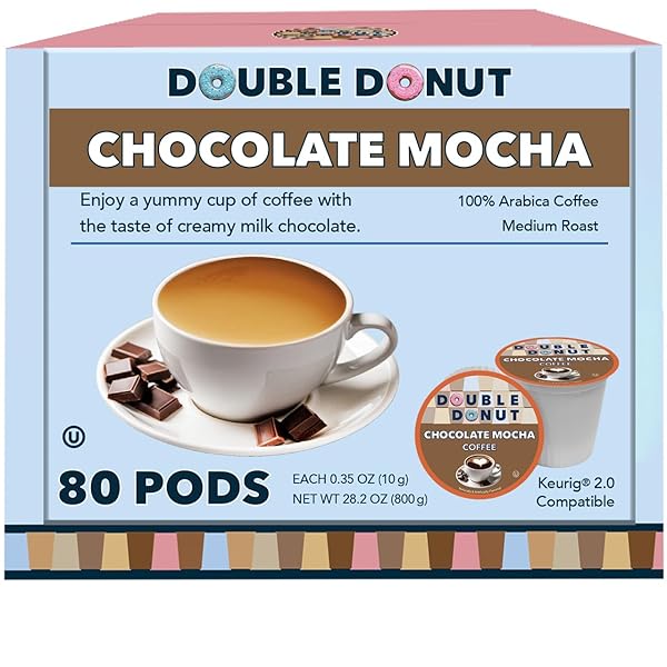 DOUBLE DONUT FLAVORED COFFEE PODS, CHOCOLATE MOCHA COFFEE, SINGLE SERVE MEDIUM ROAST COFFEE FOR KEURIG K CUPS BREWERS, 80 COUNT