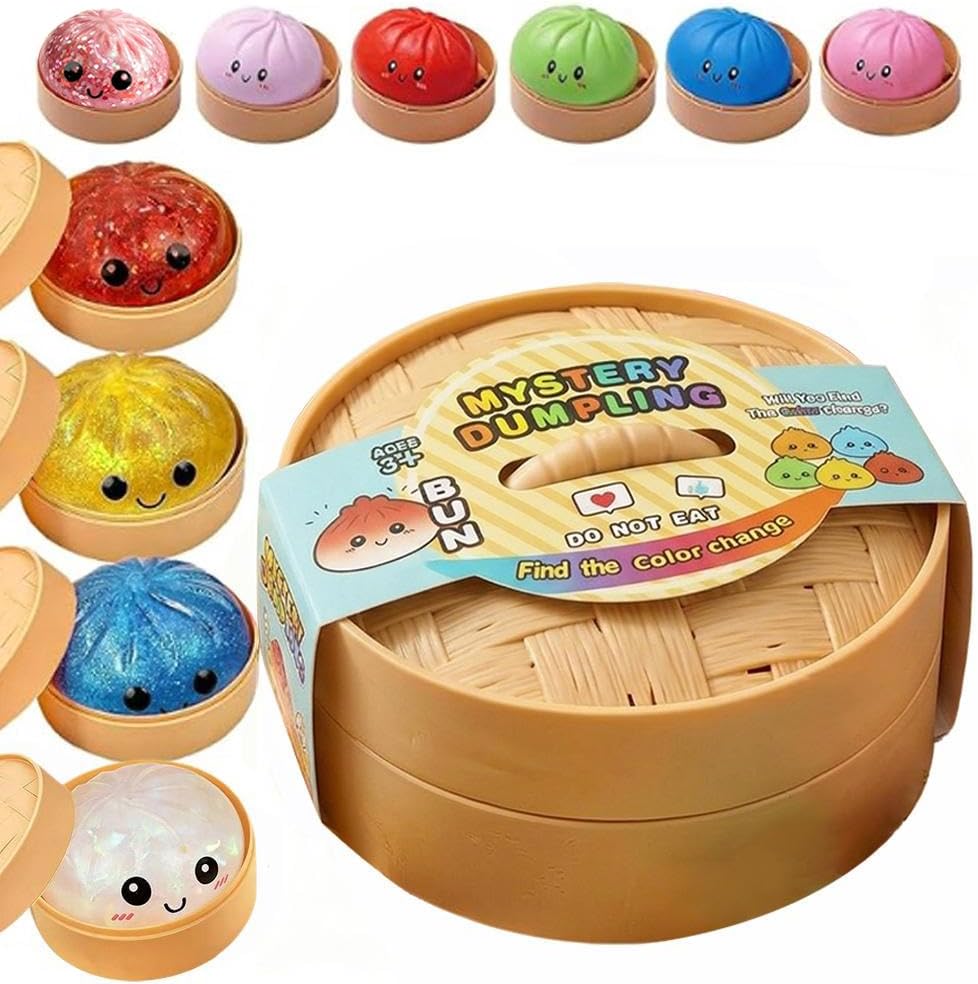 Dumpling Squishies Mystery Box, 10 Colors Random Mystery Glitter Dumpling Squishies Toy Gift Box, Colorful Stress Balls Fidget Sensory Toy Desk Toys for Kids Adult (White, One Size) (1pcs, One Size)