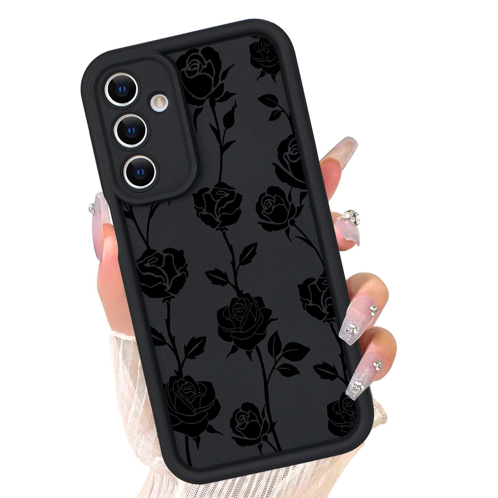 xoniery Compatible with Samsung Galaxy S25 Case, Cute Floral Silicone, Senior Shockproof Protection and Anti-Scratch for Soft Slim Phone Cover for Women Girls-Black Rose