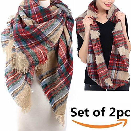 Blanket Scarf Women Black Shawl Set - Ecoinway Pack of 2pc Classic Square Scarf Infinity Scarves Gift Wrap Plaid Poncho Multicolor Tartan Warm Blanket Scarf Oversized Sweater Tunics Kimonos Neckwear