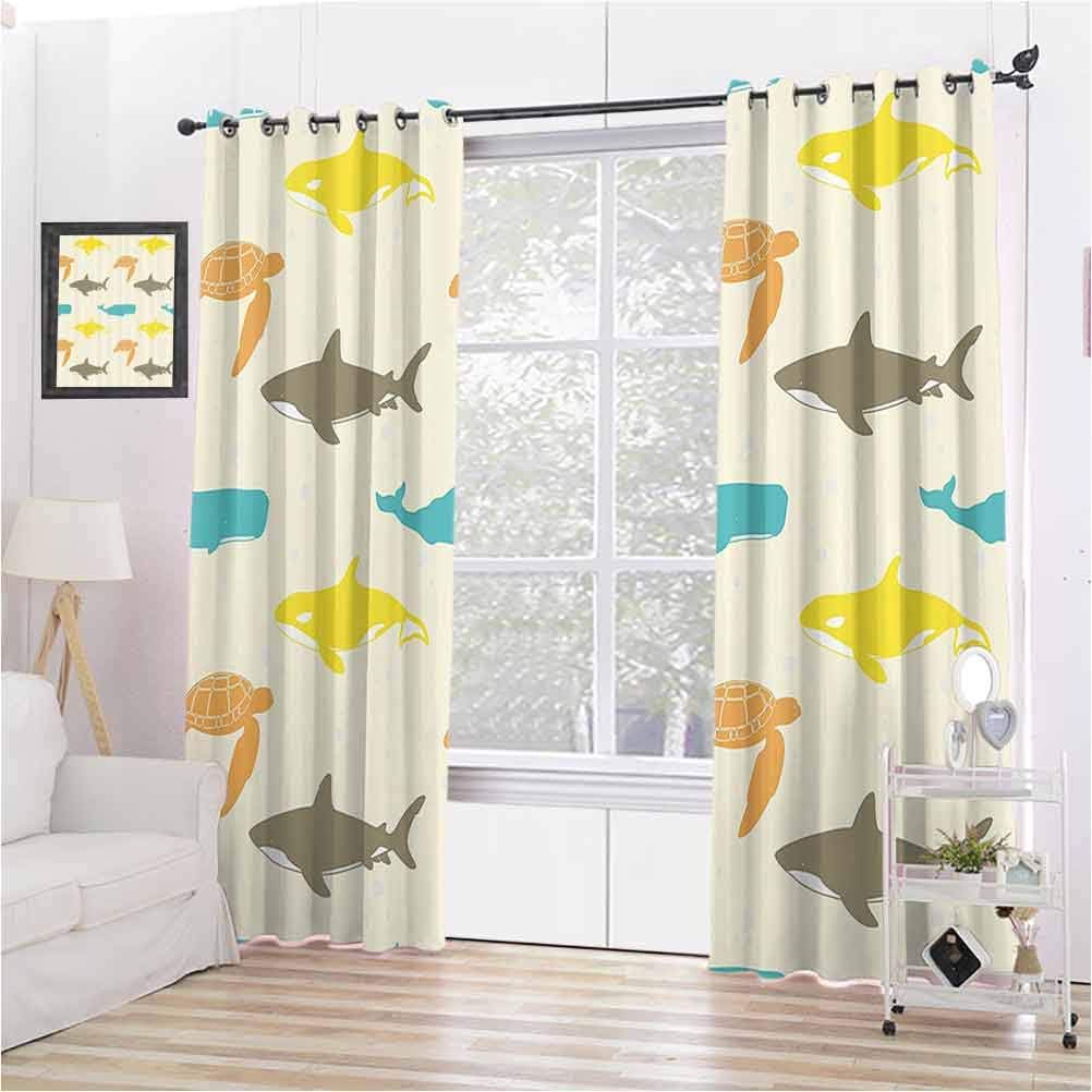 Sea Animals Decor 99% Blackout Curtains Pattern with Whale for Bedroom Kindergarten Living Room W63 x L63 Inch Shark and Turtle Aquarium Decorative Doodle Style
