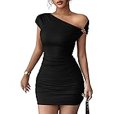 Acelitt Summer Off The Shoulder Dresses for Women 2026 Short Sleeve Ruched Bodycon Cocktail Party Knit Mini Dress