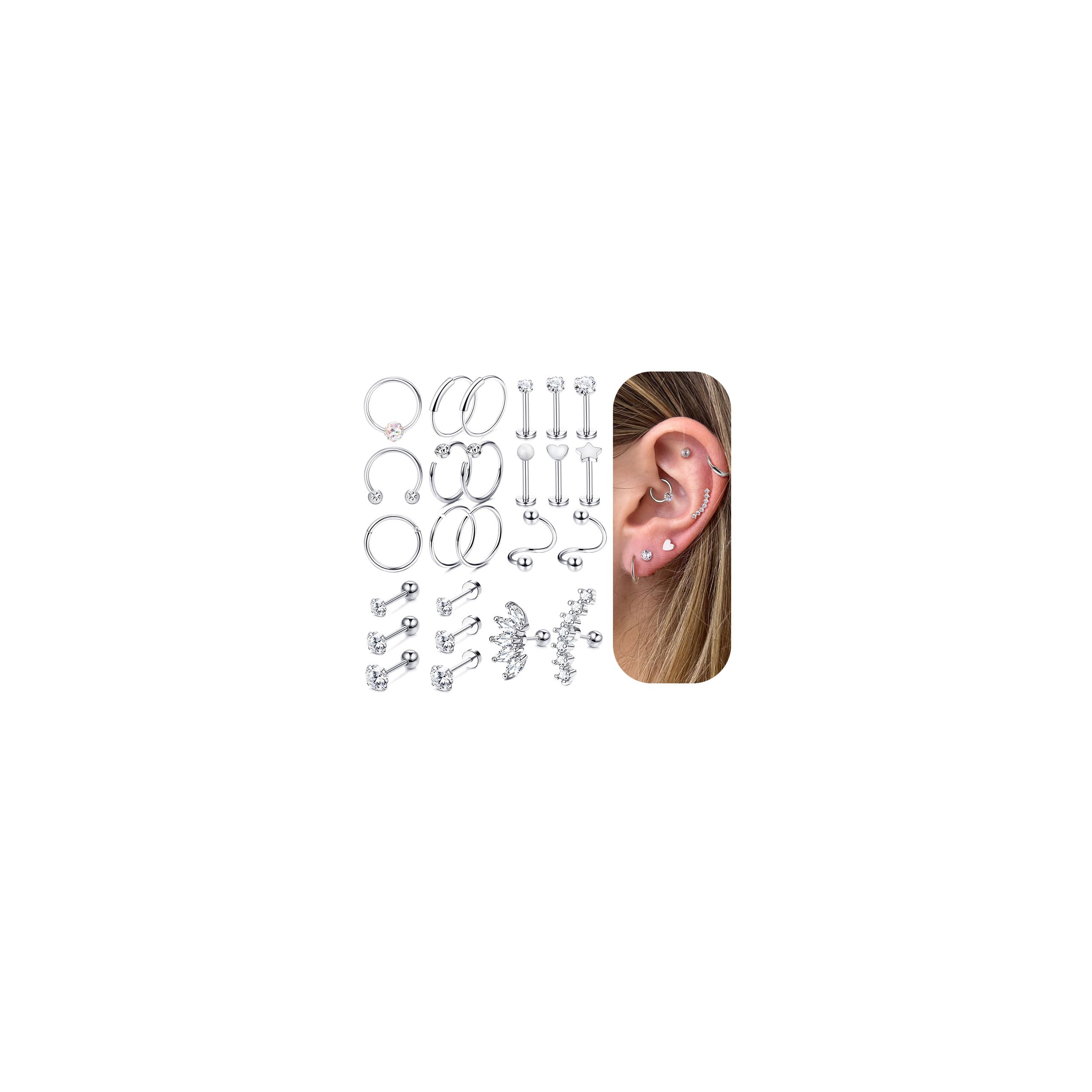 MILACOLATO 25Pcs Cartilage Helix Earrings Hoop Studs for Women Silver 16-20G Stainless Steel Tragus Conch Daith Piercing CZ Labret Flat Ball Back Earrings Mutiple Piercings