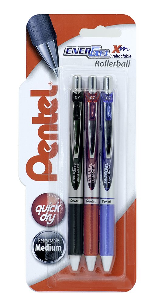 Pentel EnerGel 0.7 mm Xm Retractable Pen - Black/Red/Blue (Pack of 3), XBL77/3-ABC