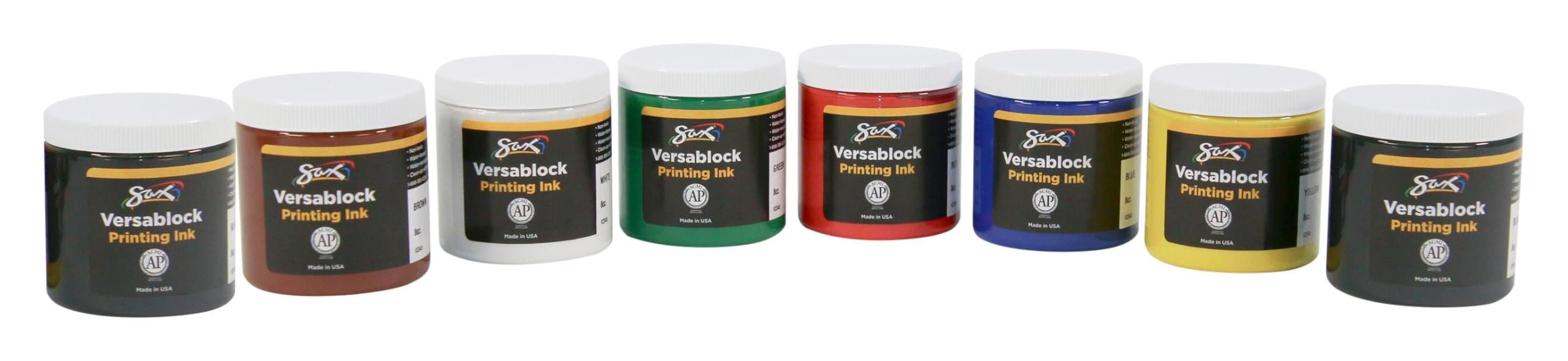 Sax Versablock Block Printing Inks for School and Arts and Crafts Use, Assorted Colors, 8 Ounce Jars, Set of 8
