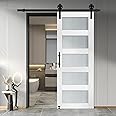 S&Z TOPHAND® 30 in x 84 in Glass Sliding MDF Barn Door with 5FT Sliding Door Hardware Kit, 5 Tempered Frosted Glass, Slab Inside Covered with Water-Proof PVC Surface, Simple DIY Assembly (Big Wheel)