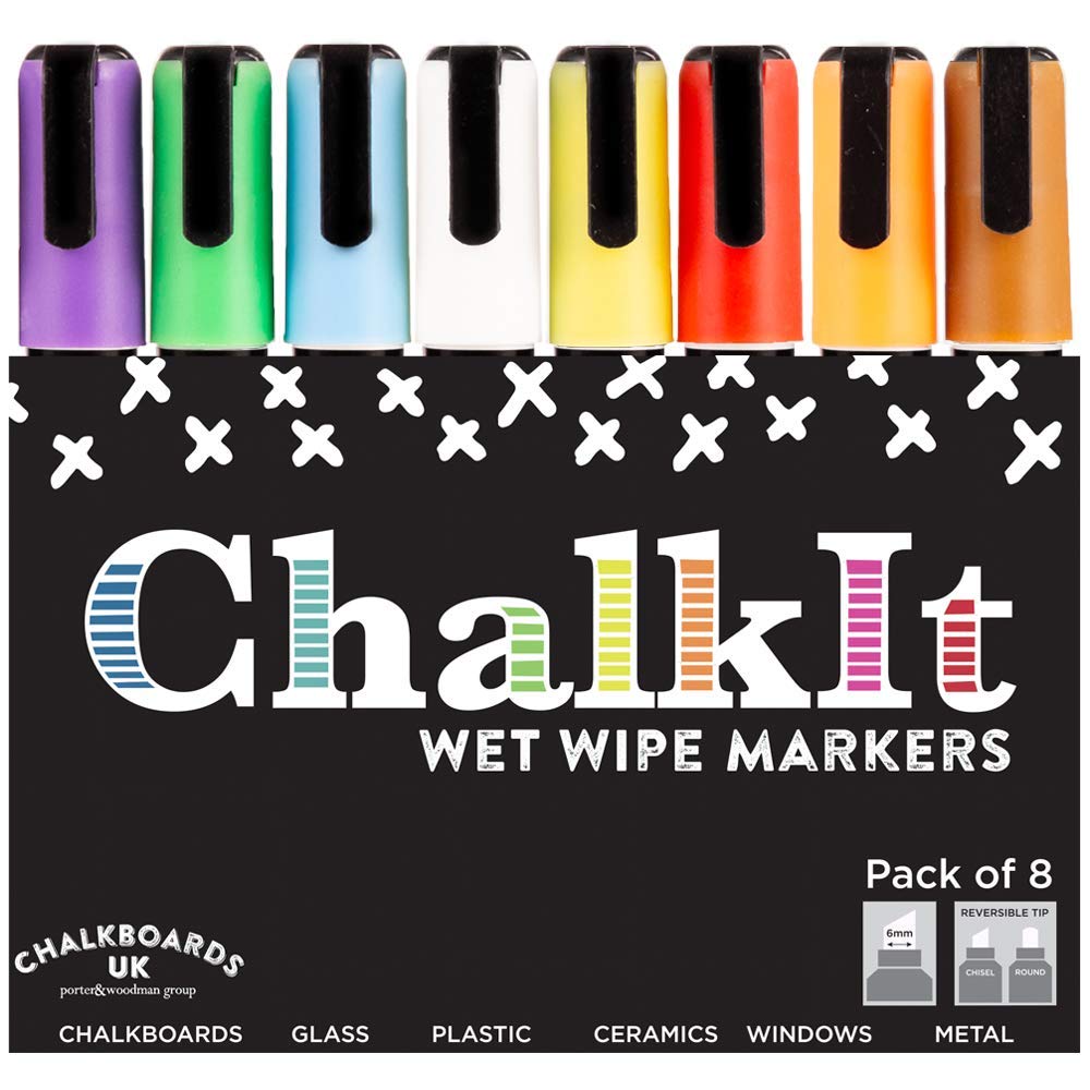Wet Wipe Liquid Chalk Pens, Chalkboard markers, Blackboard pens (Assorted Colours Pack of 8, 6mm)